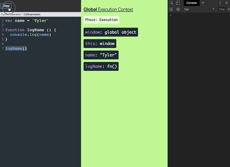 Visualizes how if an execution context can't find a variable, it'll look in all its parent execution contexts