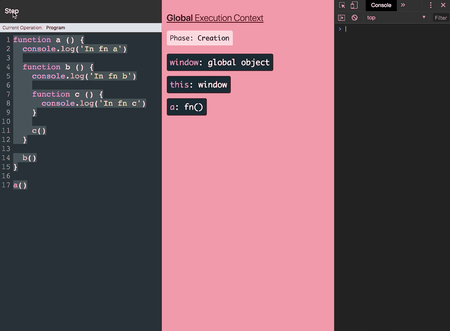 Shows how JavaScript is single threaded and each time a function is invoked, a new execution context is added to the execution stack